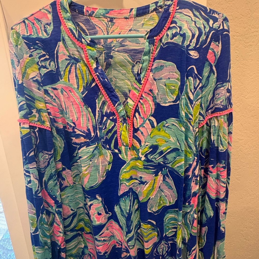 Lilly Pulitzer Blue and Pink Leaf Print Swim Cover-Up